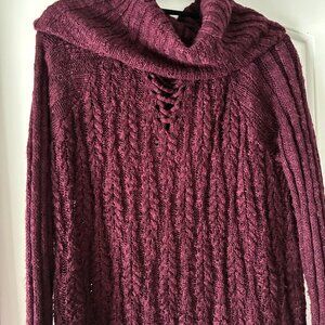 Women's Cowl Neck Sweater with Lace Up Detailing- L